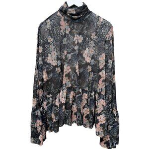 ZARA Mesh Babydoll Top Medium Gray Floral Ruffle Long Sleeve Turtleneck Womens